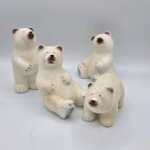 Flocked And Glitter Polar Bears Vtg Holiday Christmas‎ Decor Set Of 4 Ceramic